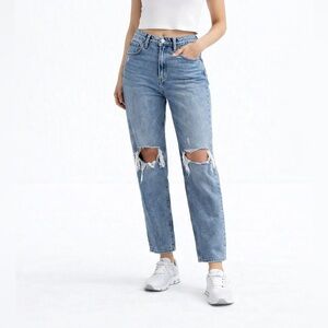 Abercrombie Distressed High Rise Mom Jeans Blue Women’s Size 26 Raw Hem